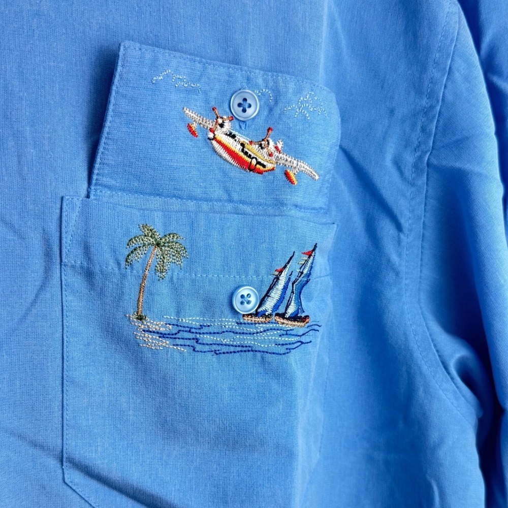 RARE* VTG Bamboo Cay Blue Button-Up Shirt Tropical L Hidden Embroidered Pocket - Picture 2 of 11